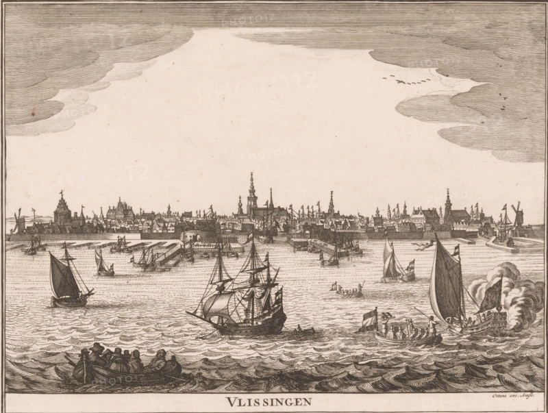 Vlissingen, View of Vlissingen from the water, Speculum Zelandiae, City and village views in Zeeland, print, printmaker: Pieter Hendricksz. Schut, Netherlands, publisher: Ottens en Zoonen, widow Joachim, Amsterdam, c. 1720, paper, etching, height 210 mm x width 279 mm, A wide engraving shows a coastal city skyline with rows of low buildings, spires, towers, and windmills along the shore, a fortified wall and piers extending into the water, many sailing vessels of various sizes with furled and unfurled sails scattered across the choppy sea, smaller rowboats with seated figures, a cluster of people in a boat in the foreground, detailed rigging and masts on the larger ships, cloud formations drawn with horizontal lines filling the upper area, and a decorative border with a label area at the bottom.