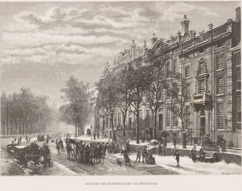 The bend of the Herengracht in Amsterdam, Winter view of the bend in the Herengracht in Amsterdam, print, printmaker: Emil Ost, after design by Cornelis Springer, 1856 - c. 1946, paper, wood engraving, letterpress printing, with text in letterpress, height 329 mm x width 499 mm, skates (winter sports), bridge in city across river, canal, sleigh, sledge (non-sport), Amsterdam, Herengracht (Amsterdam), A wide riverside scene showing a row of tall, ornate buildings with detailed facades and decorative rooflines along the right side, leafless trees lining the street in front of them, people walking and standing on the snowy ground, horse-drawn carriages and horses near the canal, small groups of figures congregating and engaging in various activities along the waterfront, a boat moored at the canal edge with a figure nearby, distant trees fading into the background on the left, and a sky filled with layered clouds above.