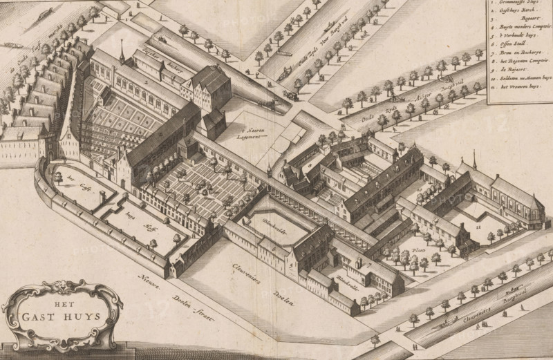 Bird-of-the-art view of the Binnengasthuis in Amsterdam, Het Gast huys, print, book illustration, publisher: Jacob van Meurs, Amsterdam, 1663, printmaker, paper, etching, engraving, height 193 mm x width 297 mm, An aerial view of a detailed engraved city block featuring interconnected buildings arranged around multiple courtyards, enclosed by walls and canals; the buildings have pitched roofs, chimneys, and rows of windows, with one structure showing a tower and spire, another with a large hall and vaulted interior suggestions; tree-lined streets and promenades extend outward, with small boats in the canals and tiny figures walking along paths and bridges; several rectangular planted beds and garden plots occupy inner courtyards, some bordered by low walls and walkways; decorative cartouche with ornate scrollwork appears in a corner; a framed index panel with small handwritten entries is visible at the top, and paved roads, bridges, and stepped embankments connect the complex to the su...
