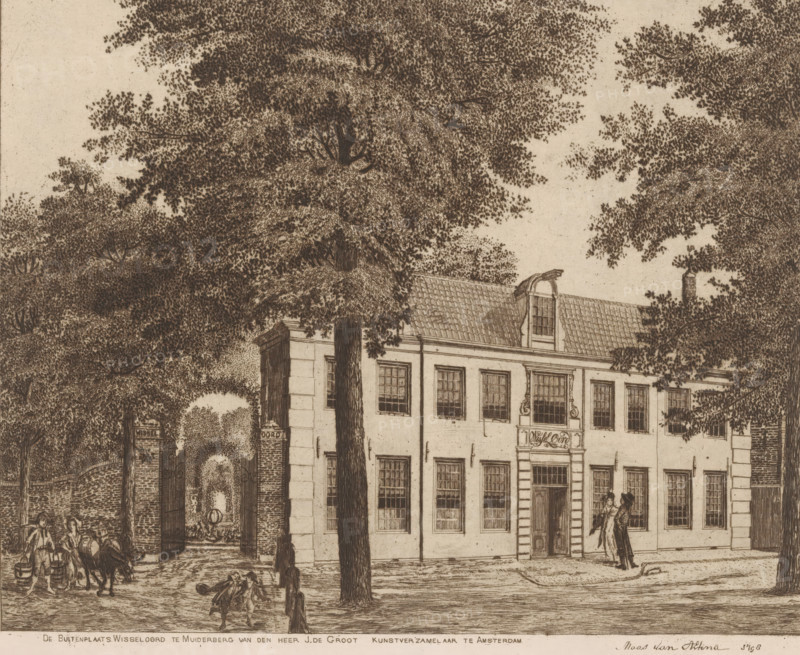 The country estate Wisseloord in Muiderberg of Mr. J. de Groot, art collector in Amsterdam, Wisseloord in Muiderberg, print, after drawing by Maas van Altena, in or after 1798, printmaker, paper, etching, height 203 mm x width 249 mm, rural housing, eg country-house, villa, cottage, Muiderberg, Wisseloord, A detailed etching shows the facade of a multi-windowed building with a tiled roof partially visible behind large leafy trees, a central entrance with decorative framing, and two figures standing near the doorway. Surrounding the building are dense canopies of trees with intricate foliage, a tall tree trunk in front of the facade, and a gated archway set in a brick wall leading into a shaded courtyard with a fountain or circular feature. On the street in front of the scene are two people handling barrels and a small cart with an animal, and another person walking while two children sit or play on the ground. The overall image is rendered in fine linework with sepia tones and detailed...