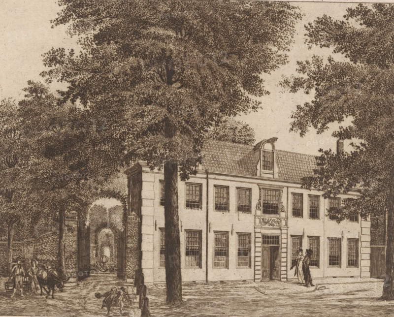 The country estate Wisseloord in Muiderberg of Mr. J. de Groot, art collector in Amsterdam, Wisseloord in Muiderberg, print, after drawing by Maas van Altena, in or after 1798, printmaker, paper, etching, height 203 mm x width 250 mm, rural housing, eg country-house, villa, cottage, Muiderberg, Wisseloord, A detailed sepia-toned engraving shows a tall tree with dense foliage dominating the foreground in front of a rectangular two-story building with a tiled roof and multiple windows; a decorative dormer projects from the roof and a chimney rises behind trees to the right. The building has a central doorway with an ornate surround and rows of evenly spaced windows on both floors. To the left of the building an arched gateway set in brick leads into a shaded courtyard where a large urn sits among foliage. Figures populate the street: a group near the left edge includes people with a pack animal and containers, a person sits on the curb, and a pair near the building’s entrance are engaged...