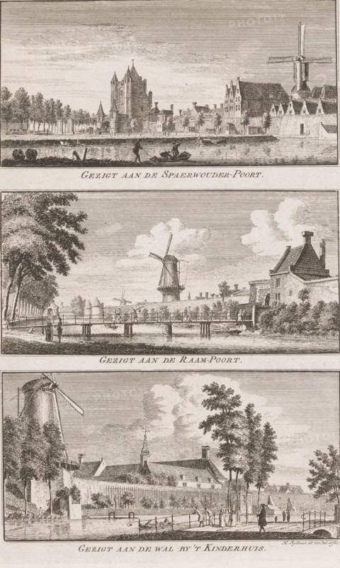 Views of the city walls and gates of Haarlem, View of the Spaerwouder Gate, View of the Raam Gate, View of the wall by the Children's Home, Views in the delightful landscapes of Haarlem, print, Three depictions. Top: View of the Amsterdammer or Spaarnwouder Gate in Haarlem. Middle: View of the bridge to the Raam Gate in Haarlem. Bottom: View of the city wall and moat between the Pinkmolen and the Poor Children's Home from the northwest., printmaker: Hendrik Spilman, Haarlem, publisher: Jan Bosch (publisher), 1763, paper, etching, height 298 mm x width 187 mm, An engraved image shows three horizontal panels stacked vertically, each depicting a waterside scene with buildings, trees, and windmills. The top panel features a wide river with small boats and figures on the water in front of a row of buildings including a tall churchlike structure and a large windmill at the right, with trees lining the far bank and a low wall or embankment along the water. The middle panel shows a bridge span...