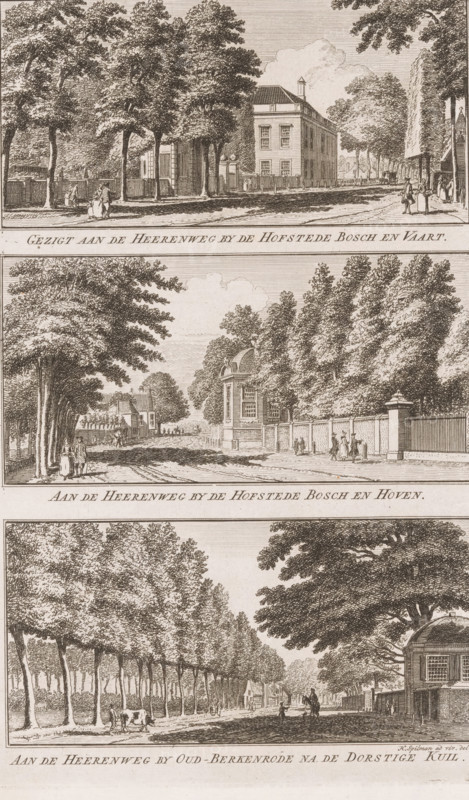 View of the Heerenweg near the Bosch en Vaart estate, On the Heerenweg near the Bosch en Hoven estate, On the Heerenweg near Oud-Berkenrode after the Dorstige Kuil, Three views around Haarlem, Views in the amusing landscapes of Haarlem, print, printmaker: Hendrik Spilman, Haarlem, publisher: Jan Bosch (publisher), 1763, paper, etching, height 295 mm x width 187 mm, A vertical engraving divided into three horizontal scenes showing tree-lined roads with buildings and people; the top scene features a wide street bordered by tall trees, a multi-story rectangular house with a pitched roof and a small chimney, fences and gates, and small groups of figures walking along the roadside; the middle scene shows a similar tree-lined avenue with a prominent ornate building with a rounded gable set behind a wall and gate, additional houses receding into the distance, and several figures strolling near the wall; the bottom scene depicts a long road lined by evenly spaced trees, a cow standing near the...