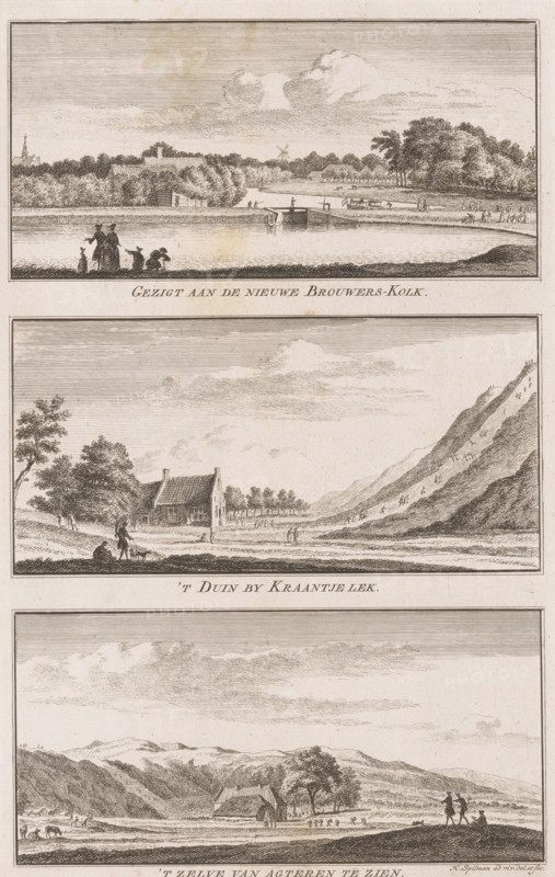 Views of the Nieuwe Brouwerskolk and Kraantje Lek in Overveen, View of the Nieuwe Brouwers-Kolk, The Dune by Kraantje Lek, Seen from behind, Views in the amusing landscapes of Haarlem, print, Three depictions. Top: View of the Nieuwe Brouwerskolk. Middle: View of the Kraantje Lek inn and the dune De Blinkert. Bottom: View of the rear of the Kraantje Lek inn in Overveen., printmaker: Hendrik Spilman, Haarlem, publisher: Jan Bosch (publisher), 1763, paper, etching, height 292 mm x width 185 mm, The image shows three horizontal rectangular landscape vignettes stacked vertically on a single sheet, each framed by thin border lines. In the top vignette there is a calm body of water in the foreground with silhouetted figures standing at the water’s edge, a small bridge or sluice structure crossing the water, and trees and low buildings beyond, with a windmill visible on the distant horizon and a sky filled with horizontal lined shading and a cluster of clouds. The middle vignette depicts a ho...