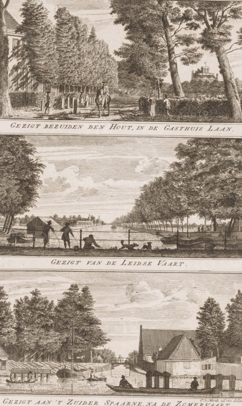 Views of Gasthuislaan, Leidsevaart and Zuider Spaarne in Haarlem, View south of Den Hout, in the Gasthuis Laan, View of the Leidse Vaart, View of the Zuider Spaarne, after the Zomervaart, Views in the delightful landscapes of Haarlem, print, Three representations. Top: The Gasthuislaan in Haarlem south of the Haarlemmerhout. Middle: View of the Leidsevaart in Haarlem. Bottom: View of the Zuider Spaarne at the Zomervaart in Haarlem., printmaker: Cornelis van Noorde, Haarlem, publisher: Jan Bosch (publisher), 1763, paper, etching, height 297 mm x width 190 mm, A series of horizontal engraved landscape scenes stacked vertically, each framed by trees and water. The top scene shows a tree-lined avenue with figures walking and a person on horseback, tall trees on either side and a distant building with a tower visible above the treeline. The middle scene depicts a wide canal bordered by trees with small boats along the banks and silhouettes of people standing and sitting by the water. The bo...