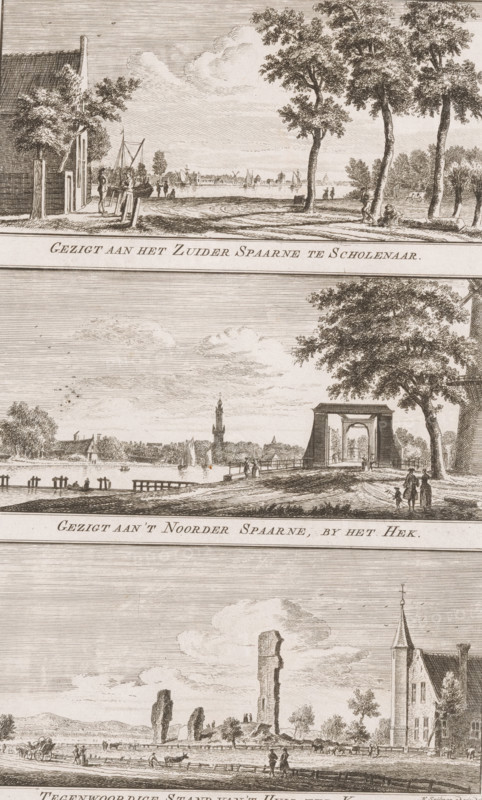 View of the Southern Spaarne at Scholenaar, View of the Northern Spaarne, by the gate, Present State of Huis ter Kleef 1761, Views of the Spaarne and Huis ter Kleef, Views in the delightful landscapes of Haarlem, print, Three representations. Top: View of the Southern Spaarne. Middle: View of the Northern Spaarne. Bottom: View of the ruins of Huis ter Kleef., printmaker: Hendrik Spilman, Haarlem, publisher: Jan Bosch (publisher), 1763, paper, etching, height 295 mm x width 187 mm, A sepia-toned etching divided into horizontal scene panels showing riverside landscapes with trees, buildings, boats on water, docks, and small groups of people; the top panel features a riverside path with a building at the left, trees along the shore, sailing vessels on the water, and figures standing near the quay; the middle panel shows a bridge structure spanning a road to the water, a large tree to the right, distant rooftops and a tall tower on the skyline, boats on the river, and people walking along ...