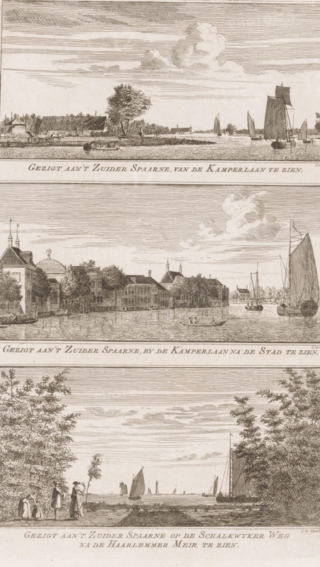 Views of the Zuider Spaarne, View of the Zuider Spaarne, seen from the Kamperlaan, by the Kamperlaan towards the City, View of the Zuider Spaarne on the Schalkwyker Weg towards the Haarlemmer Meir, Views in the delightful landscapes of Haarlem, print, Three views. Top: View of the Zuider Spaarne from the Kamperlaan. Middle: View of the Zuider Spaarne from the Kamperlaan towards the city. Below: View of the Zuider Spaarne from the Schalkwijkerweg., printmaker: Cornelis van Noorde, Haarlem, publisher: Jan Bosch (publisher), 1763, paper, etching, height 294 mm x width 184 mm, A vertical, sepia-toned engraving divided into horizontal panels showing river scenes with boats and shorelines. The top panel shows a waterway with sailboats and a small rowed vessel near a low bank with a long building, trees, and a cart. The middle panel depicts a waterfront lined with larger buildings, and a domed structure, with small boats and larger sails on the water. The lower visible panel presents a shorel...