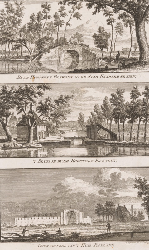 Views of the Elswout Estate and Rolland House in Overveen, By the Elswout Estate seen from the City of Haarlem, The small lock by the Elswout Estate, Remnants of Rolland House, Views in the amusing landscapes of Haarlem, print, Three depictions. Top: View of a bridge near the Elswout Estate and the city of Haarlem on the horizon. Middle: View of the lock near the Elswout Estate in Overveen. Below: View of the remains of Huis Rolland in Overveen., printmaker: Hendrik Spilman, Haarlem, publisher: Jan Bosch (publisher), 1763, paper, etching, height 298 mm x width 188 mm, A vertical engraving divided into horizontal panels showing rural scenes with waterways and trees; the top panel shows a stone bridge over a calm river with a wagon and horse crossing, tall slender trees along the banks, a group of people near the water and a large tree framing the right edge; the middle panel depicts a lock structure with a small building and a covered wooden bridge beside a tree-lined canal, reflections...