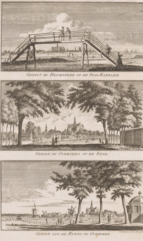 Views of the city of Haarlem from Heemstede and Overveen, View by Heemstede of the City of Haerlem, View by Overveen of the city, View on the Rijweg in Overveen, Views in the pleasant landscapes of Haarlem, print, Three representations. Top: View of a bridge near Heemstede and the city of Haarlem on the horizon. Middle: View from a road in Overveen of the city of Haarlem. Bottom: View from the Rijweg in Overveen of Haarlem., printmaker: Hendrik Spilman, Haarlem, publisher: Jan Bosch (publisher), 1763, paper, etching, height 298 mm x width 187 mm, A vertical print composed of three horizontal landscape scenes stacked with narrow borders between them, each scene rendered in fine line engraving with a muted sepia tone; the top vignette shows a wooden footbridge spanning water with a couple standing on the bridge and a person on the near bank, boats and low buildings on the distant shore, and a cloudy sky; the middle vignette presents a parklike foreground with tall trees framing a view of...