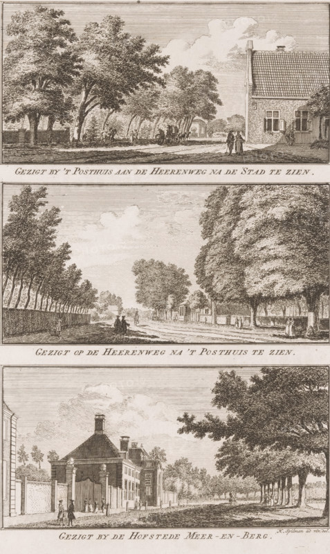 Three views around Haarlem, View by the Post House on the Heerenweg looking towards the City, View of the Heerenweg looking towards the Post House, View by the Meer-en-Berg Estate, Views in the delightful landscapes of Haarlem, print, printmaker: Hendrik Spilman, Haarlem, publisher: Jan Bosch (publisher), 1763, paper, etching, height 305 mm x width 194 mm, A vertical print containing three horizontal landscape vignettes stacked with narrow borders between them, each showing tree-lined roads and buildings in a monochrome ink engraving style. The top vignette shows a road curving past a cluster of large leafy trees on the left and a tiled-roof house with shuttered windows on the right, with small human figures near the house and a horse-drawn carriage further along the road under the trees. The middle vignette features a broad avenue flanked by rows of tall trees receding into the distance, small figures walking and riding along the road, and a low fence and buildings visible at the far ...