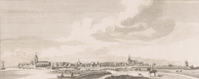 View of Deventer, print, c. 1770 - c. 1830, printmaker, paper, etching, height 176 mm x width 395 mm, river, prospect of city, town panorama, silhouette of city (city(-scape) with figures, staffage), Deventer, A wide landscape etching showing a riverside town with clusters of buildings and church towers along the middle ground, sailboats and small ships moored near a quay at the left, and a windmill near the right horizon. In the foreground there is a gently curving shoreline with a small rowboat on the water and figures in and near the boat. A rider on horseback accompanied by a dog stands on a path at the right foreground, while other small animals graze nearby. Fences and low hedges separate grassy areas, and trees punctuate the town edge. The sky above is filled with large, layered clouds rendered with fine linework.