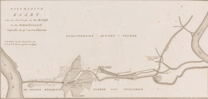 Map of dike breach in the Bommelerwaard, 1809, Figurative Map of the breach in the Meidijk in the Bommelerwaard, occurred on the 30th of January 1809, print, book illustration, map, printmaker, publisher, Amsterdam, Netherlands, paper, etching, height 276 mm x width 406 mm, A wide horizontal antique map printed in brown ink on aged cream paper showing a river entering from the right edge flowing toward the left with curving banks and textured hatch shading, a long narrow dike or road running roughly horizontally across the lower middle with patterned hatching and small structural details, irregularly shaped shaded marsh or island areas with fine parallel lines and stippling, several thin sinuous channels and canals branching from the main river with parallel line textures, small geometric plots and a few clusters of tiny tree-like symbols near the center, scattered small annotations in script style next to features, faint speckling and foxing across the paper, a thin decorative border ...