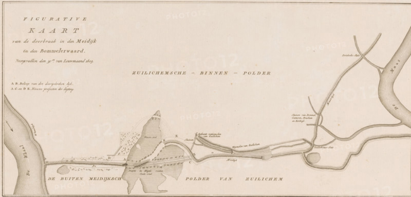Map of dike breach in the Bommelerwaard, 1809, Figurative Map of the breach in the Meidijk in the Bommelerwaard, occurred on the 30th of January 1809, print, book illustration, map, printmaker, publisher, Amsterdam, Netherlands, paper, etching, height 276 mm x width 407 mm, A sepia-toned map-like drawing showing a wide horizontal layout with shaded waterways and landforms, including an irregular island shape near the center with contour hatching and small tree symbols on adjacent areas, sinuous rivers on both left and right edges with fine parallel line shading to indicate flow, a long narrow raised embankment or dyke running across the lower central area with small hatch marks along its length, several curved channels and loops connecting to the main waterways, short lines and stippled shading indicating terrain and marshy patches, tiny rectangular structures and linear features suggesting built elements near the embankment, delicate cross-hatching and dotted textures used throughout ...