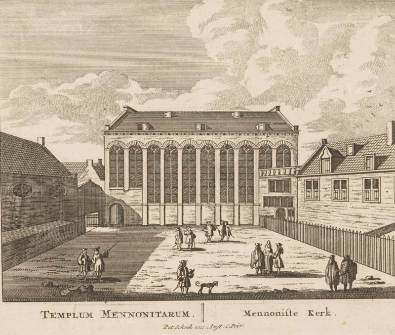 Templum Mennonitarum, Mennoniste Kerk, View of the Mennonite Church Near the Lamb in Amsterdam, 100 Illustrations of the most important buildings of Amsterdam, print, Series number, 89, 100, Numbered lower right: 89., printmaker, grantor of privilege, Barent Greve, paper, etching, height 169 mm x width 204 mm, Current state of print also used in: 100 Illustrations of the most important buildings of Amsterdam. Amsterdam: Pieter Schenk (I), sa 1710-1711. And in: 100 Illustrations of the most important buildings of Amsterdam. Amsterdam: Barent Greve, sa 1757-1766.* *In the second edition, published by Barent Greve, only the title page has been modified. The other prints have remained unchanged., church (exterior), city-view, and landscape with man-made constructions (city(-scape) with figures, staffage), Protestant Churches and denominations (MENNONITES), Amsterdam, Mennonite Church at the Lamb, A wide plaza bordered by tall buildings is shown, with a large central building featuring a ro...