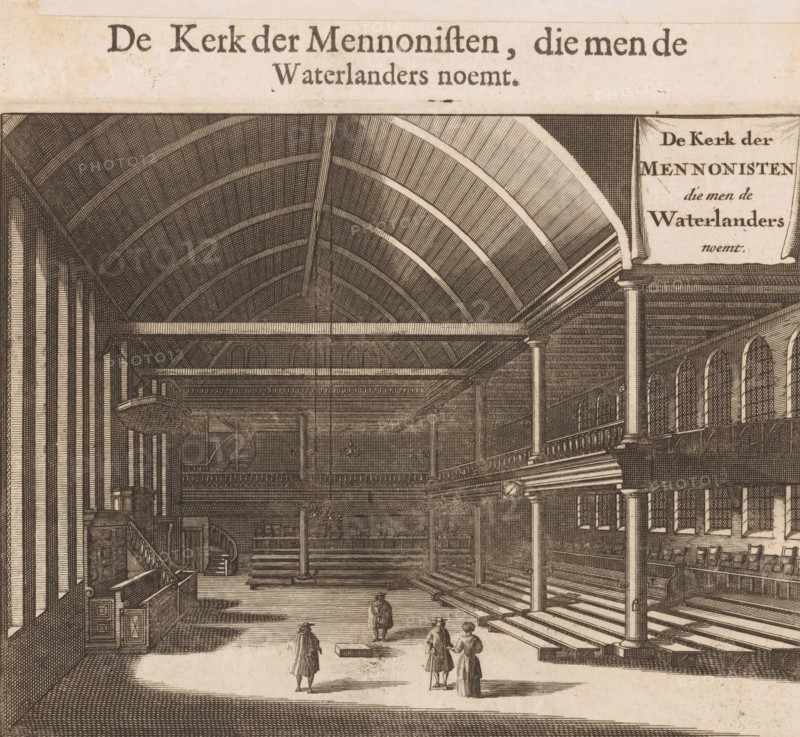Interior of the Mennonite Church By the Tower in Amsterdam, The Mennonite Church known as the Waterlanders, print, book illustration, printmaker, publisher, Amsterdam, paper, etching, letterpress printing, with text in letterpress, height 150 mm x width 163 mm, A wide interior view of a large hall with a high vaulted ceiling supported by arches and slender columns, galleries running along one side with balustrades and rows of tall arched windows, tiered seating and wooden benches filling the space, a raised pulpit with steps and a hanging canopy, chandeliers suspended from the ceiling, and a handful of small figures walking or standing on the floor casting shadows.