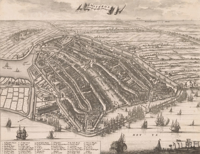 Map of Amsterdam, 1500, Amsterdam presented itself thus in the year 1500, area plan, print, book illustration, Legend 1-41 in the lower left., printmaker, after print by, publisher, Amsterdam, paper, etching, height 265 mm x width 342 mm, A detailed bird's-eye engraving of a walled port city with concentric canals, rows of densely packed gabled buildings, churches with tall steeples, and bridges spanning the waterways; ships with sails and masts crowd the harbor and approach the shoreline, while smaller boats move along the canals; fortifications and towers sit at the waterfront, and windmills and scattered farm plots appear beyond the city walls; faint clouds fill the sky above a distant flat landscape with tree-lined paths and scattered structures.