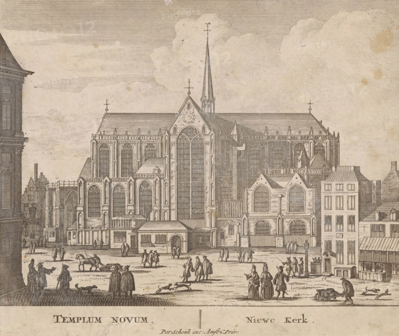 Templum Novum, Nieuwe Kerk, View of the Nieuwe Kerk in Amsterdam, 100 Illustrations of the most important buildings of Amsterdam, print, Series number, 4, 100, Numbered lower right: 4., printmaker, grantor of privilege, Barent Greve, paper, etching, height 172 mm x width 210 mm, Current state of print also used in: 100 Illustrations of the most important buildings of Amsterdam. Amsterdam: Pieter Schenk (I), sa 1710-1711. And in: 100 Illustrations of the most important buildings of Amsterdam. Amsterdam: Barent Greve, sa 1757-1766.* *In the second edition, published by Barent Greve, only the title page has been modified. The other prints have remained unchanged., church (exterior), city-view, and landscape with man-made constructions (city(-scape) with figures, staffage), Amsterdam, A detailed sepia-toned architectural engraving shows a large Gothic church with tall pointed spires, ornate arched windows with intricate tracery, buttresses, and a steeply pitched roof adorned with small orn...