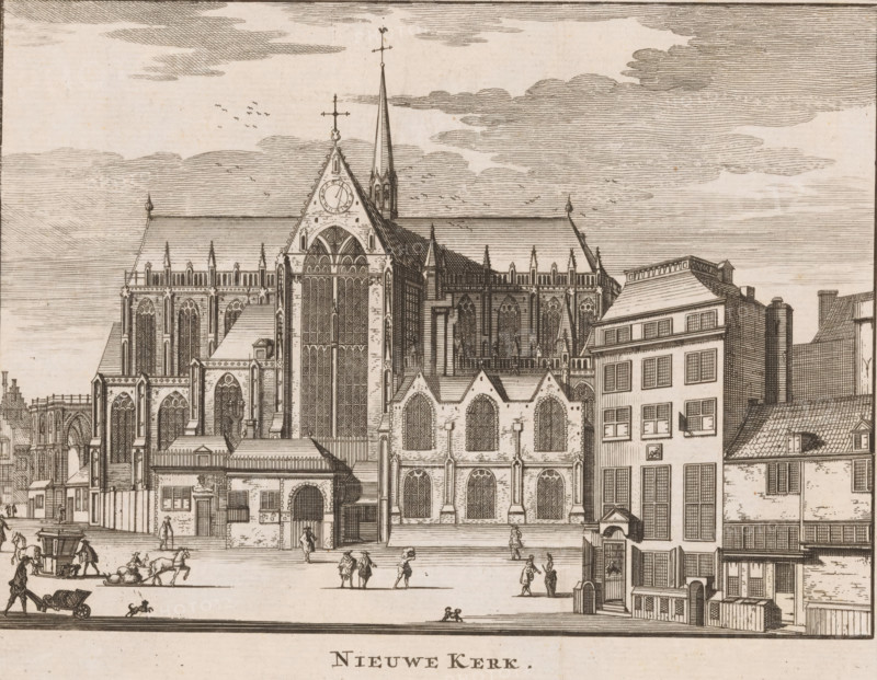 Nieuwe Kerk, View of the Nieuwe Kerk in Amsterdam, print, book illustration, Series number, 170, Numbered top right: 170., printmaker, publisher, Amsterdam, paper, etching, height 143 mm x width 174 mm, A detailed ink illustration of a large Gothic church with tall pointed windows, ornate tracery, buttresses, and a prominent central gable topped by a clock face and a cross, flanked by a slender spire and multiple pinnacles; adjacent to the church are several multi-story buildings with pitched roofs, rows of windows, and chimneys. In front of the buildings is an open paved square where small groups of people are walking and conversing, a horse-drawn cart and other horses are present, and a few small animals appear on the ground. The sky above is filled with horizontal line shading and scattered cloud forms with small flocks of birds. The overall image is composed of fine line work and hatching, creating a monochrome architectural scene.
