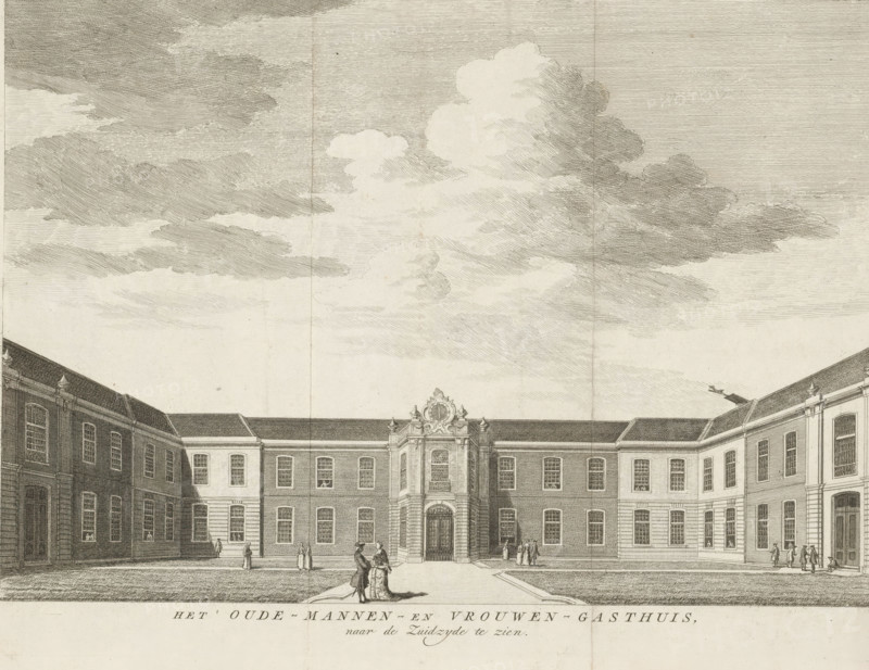 View of the Old Men's House in Amsterdam, seen towards the south, The Old Men's and Women's Hospital seen towards the south side, print, book illustration, printmaker, publisher, Amsterdam, paper, etching, height 275 mm x width 366 mm, A wide architectural engraving showing a courtyard framed by long, symmetrical brick buildings with many tall windows and pitched roofs, a central entrance pavilion with decorative sculptural elements above its doorway, small groups of people standing and conversing on the paved area and near the entrance, two figures in the foreground dressed in period clothing facing each other, trimmed grassy areas bordering the paved central path, and a sky filled with large, softly shaded clouds.