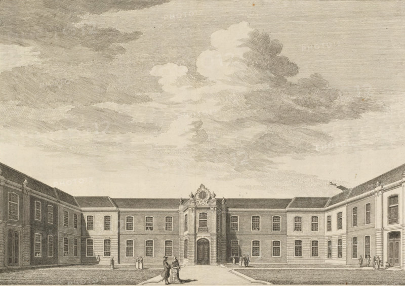 View of the Oude Mannenhuis, print, book illustration, publisher: Isaak Tirion, Amsterdam, 1760 - 1767, printmaker, paper, etching, height 273 mm x width 366 mm, A wide courtyard scene rendered in fine lines shows a large rectangular building with multiple rows of evenly spaced windows and a central ornate entrance topped by a decorative cartouche; people in period clothing stand and converse in small groups on paved pathways and on the grass areas, with a couple prominently positioned near the foreground; the building wings extend to either side, creating a framed courtyard, and the sky above is filled with layered, textured clouds.