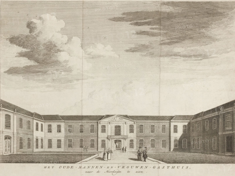 The Old Men's and Women's Almshouse viewed from the North Side, View of the Old Men's House in Amsterdam, seen towards the north, print, book illustration, printmaker, publisher, Amsterdam, paper, etching, height 276 mm x width 367 mm, A wide architectural engraving shows a symmetrical courtyard flanked by two long brick buildings with rows of tall windows and a central building featuring a decorative pediment and balcony above an arched entrance; small groups of people stand and converse in period clothing on the paved path leading to the entrance, and the foreground includes trimmed grass areas bordering the path; above the buildings a sky filled with layered clouds and subtle birds occupies most of the image.