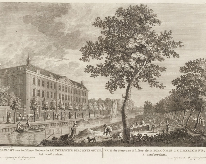 View of the Lutheran Deaconry House in Amsterdam, View of the Newly Built Lutheran Deaconry House in Amsterdam, View of the New Edifice of the Lutheran Deaconry House in Amsterdam, print, book illustration, Series number, 78, printmaker: Hermanus Petrus Schouten (possibly), publisher: Pierre Fouquet, Amsterdam, 1778 - 1783, paper, etching, engraving, etching and engraving, height 274 mm x width 374 mm, A detailed monochrome engraving shows a large multi-story brick building with a pitched roof and small cupolas, rows of windows, and a tree-lined street along a canal where people walk and stand. In the foreground a tall tree with textured bark and dense foliage rises beside the water. Along the canal banks figures engage in various activities including rowing small boats on the water and working on the shore with tools and a wheelbarrow while a dog stands nearby. A sailboat is visible on the canal and trees form a shaded avenue on the right side. The sky is filled with layered, cloud-li...