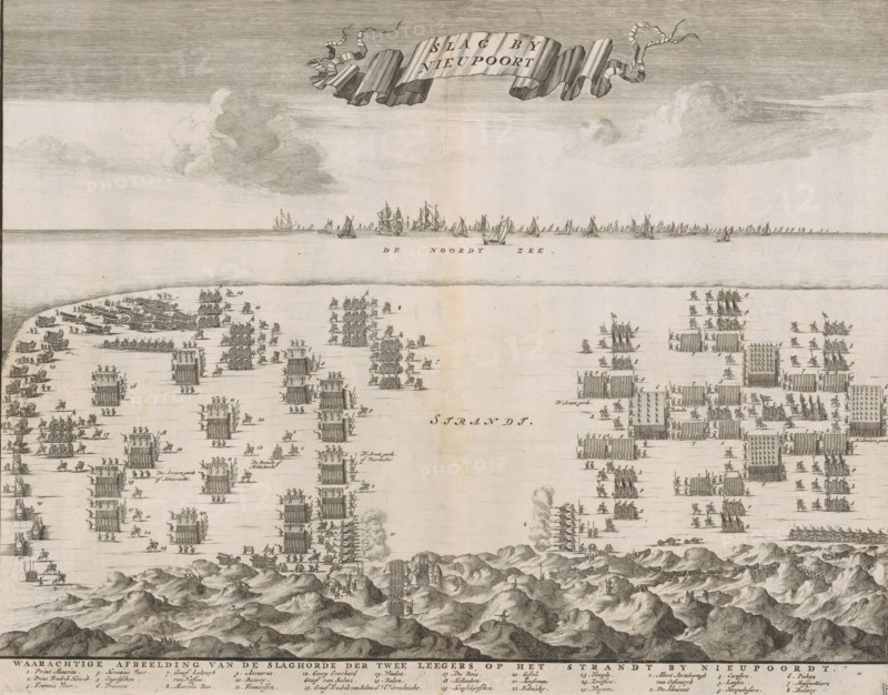 Battle of Nieuwpoort, Formation of the States and Spanish armies facing each other on the beach at Nieuwpoort, print, book illustration, after print by Floris Balthasarsz. van Berckenrode (attributed to), publisher: widow Joannes van Someren, Amsterdam, publisher: various makers, 1679 - 1684, Floris Balthasarsz. van Berckenrode, printmaker, after print by, Attributed to, paper, etching, engraving, height 272 mm x width 347 mm, Used as illustration in: Bor, Pieter. Origin, beginning, and continuation of the Dutch Wars. 4 vols. Amsterdam: 1679-1684., battle, beach, plan of battle, Nieuwpoort (Belgium), Period, 1600-07-02, A wide engraved scene divided horizontally into sky, a distant narrow band of sea with many sailing ships, a central flat shore area filled with numerous small groups of tiny human figures arranged in rectangular formations and interacting with small carts and fortification-like structures, and a foreground of textured dunes and hills. The upper sky contains parallel ho...