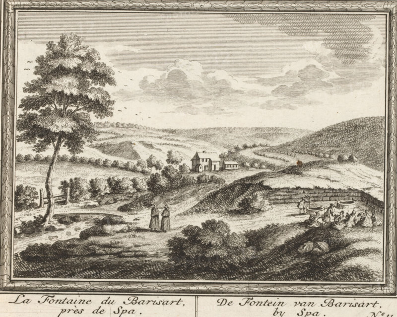 The Barisart Fountain, near Spa, by Spa, View of the Barisart Spring near Spa, Amusemens des eaux de Spa, Views of the springs near Spa, print, book illustration, Series number, 11, 14, publisher: Pieter Mortier (I), Amsterdam, 1734, printmaker, paper, etching, etchings, series bound together with twine in the left margin, height 172 mm x width 198 mm, This series of prints was used in: Pöllnitz, 1734. In this edition, however, the prints are folded. This series may be a separate edition of the prints. One print included in the book is missing (no. 4), on which no landscape is depicted., city-view in general, 'veduta', mineral water, Spa, A rectangular framed black and white landscape engraving shows a scene with rolling hills and clouds in the sky, a large leafy tree on the left near a wooden fence, a cluster of small buildings in the midground surrounded by trees, winding paths and hedgerows across the fields, two robed figures standing together on a path in the foreground, a group o...