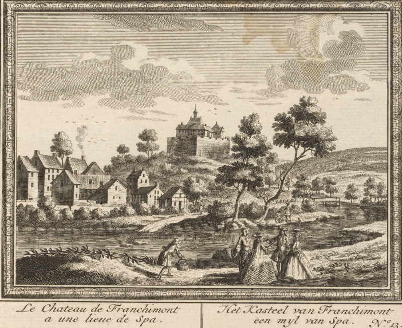 The castle of Franchimont at a place in Spa, The castle of Franchimont a mile from Spa, View of the castle of Franchimont, Views of the springs near Spa, Amusements of the waters of Spa, print, book illustration, Series number, 13, 14, publisher: Pieter Mortier (I), Amsterdam, 1734, printmaker, paper, etching, etchings, series bound together with twine in the left margin, height 172 mm x width 198 mm, This series of prints was used in: Pöllnitz, 1734. In this edition, however, the prints are folded. This series may be a separate edition of the prints. One print included in the book is missing (no. 4), on which no landscape is depicted., city-view in general, 'veduta', mineral water, Spa, A detailed monochrome engraving shows a riverside scene with a small group of figures in period dress near the water, one bending to carry buckets and three standing together in long gowns and coats. Across the river are trees and shrubs on gently rolling banks, a cluster of gabled houses and cottages ...