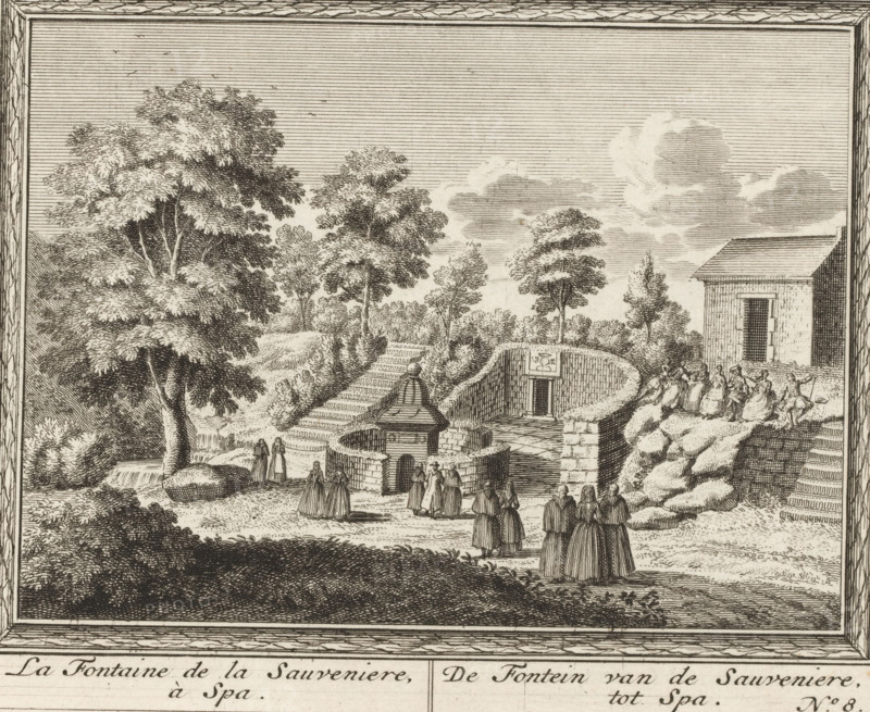 La fontaine de la Sauveniere, à Spa, De fontein van de Sauveniere, tot Spa, Gezicht op de fontein van Sauveniere in Spa, Amusemens des eaux de Spa, Gezichten van debronnen bij Spa, print, book illustration, Series number, 8, 14, publisher: Pieter Mortier (I), Amsterdam, 1734, printmaker, paper, etching, etchings, series bound together with twine in the left margin, height 172 mm x width 198 mm, This series of prints was used in: Pöllnitz, 1734. In this edition, however, the prints are folded. This series may be a separate edition of the prints. One print included in the book is missing (no. 4), on which no landscape is depicted., city-view in general, 'veduta', mineral water, Spa, A sepia-toned engraved scene shows a park-like setting with large leafy trees and a sky with horizontal shading and scattered clouds. In the middle ground a stone structure with a conical roof sits inside a low circular wall, adjacent to a stepped terrace leading down into a recessed doorway set into a curved...