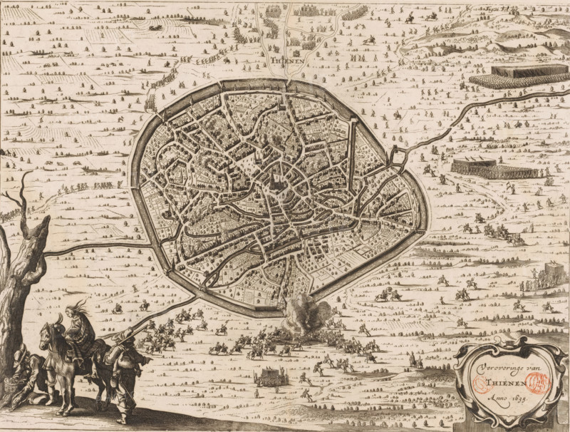 Conquest of Tienen, 1635, Conquest of Thienen, anno 1635, area plan, print, book illustration, printmaker, publisher, paper, etching, height 282 mm x width 374 mm, A bird’s-eye view engraving of a walled circular town with concentric streets and canals, buildings, towers, and trees densely packed inside the walls, surrounded by open fields dotted with small trees and scattered figures; outside the walls there are groups of mounted riders and marching soldiers, a column of troops, formations of infantry, and scenes of skirmishing and clusters of people; near the foreground a cluster of three riders on horses stands on a raised ground, one with flowing hair and another carrying a pack, beside a bare twisted tree trunk; a plume of smoke rises from a ground explosion or fire in front of the town, while distant hills, roads, and small isolated buildings fill the background, and a decorative cartouche occupies the lower right corner.