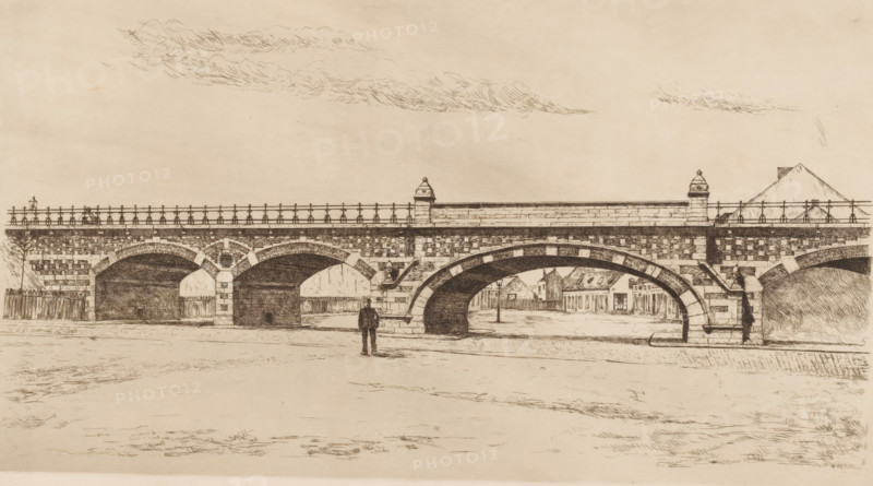 Bridge in Antwerp, print, 1825 - 1900, printmaker, paper, etching, intaglio printmaking technique, etching with plate tone, height 249 mm x width 428 mm, bridge, Antwerp, A sepia-toned drawing shows a long stone bridge with multiple rounded arches and patterned masonry, topped by a railing and small ornamental posts, with two small turret-like structures on the parapet; beneath the arches a street runs and simple buildings and a lamppost are visible through the largest central arch; a solitary figure stands on the ground in front of one arch; the foreground is an open expanse with sketchy grass and ground texture, and the sky above contains light, wispy clouds.