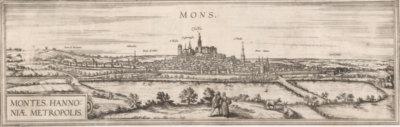 Montes, hannoniae metropolis, View of Mons, print, book illustration, View of Mons with text in Latin on verso., printmaker, publisher, Frans Hogenberg, Georg Braun, paper, etching, engraving, letterpress printing, etching and engraving with text in letterpress on verso, height 155 mm x width 480 mm, A wide sepia-toned engraving shows a panoramic view of a walled town set on slightly rising ground, with clustered buildings, towers, spires, and a prominent fortified complex at the highest point; a waterfront with fields and meadows stretches in the foreground, where small trees and shrubs dot the landscape and a road or causeway leads toward the town; two figures stand near the front, one appearing to gesture while the other faces them, and nearby grazing animals are visible; the distant horizon contains low rolling hills, scattered houses, and windmills, and the sky is filled with fine horizontal hatch marks.