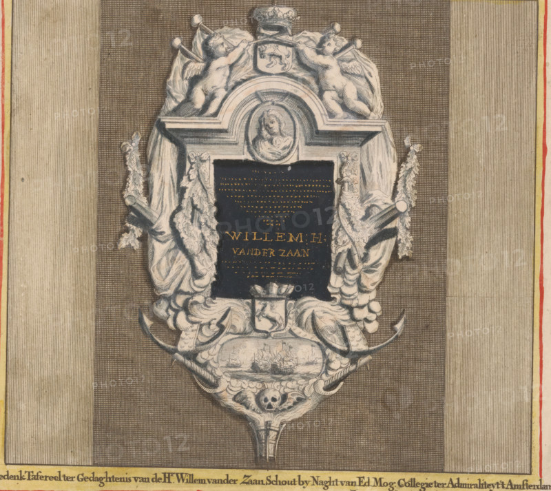 Tomb monument for Rear Admiral Willem van der Zaan in the Old Church in Amsterdam, Memorial Tableau in Memory of Mr. Willem van der Zaan, Rear Admiral of Noble and Mighty College of the Admiralty of Amsterdam, print, book illustration, publisher: Abraham Wolfgang (possibly), Amsterdam, publisher: widow Aart Dircksz. Oossaan (possibly), publisher: Andries van Damme (possibly), 1693 - 1694, 1726, printmaker, paper, etching, hand coloring, hand-colored, height 140 mm x width 158 mm, A decorative cartouche centered on a textured background framed by vertical striped borders, featuring sculpted drapery and ornamental foliage, two reclining cherubs at the top holding long staffs, a round medallion with a carved portrait above an inset dark panel, crossed anchors and ropes integrated into the lower ornamentation, a small oval scene of ships at sea within a carved frame, and a skull motif near the lowest point.