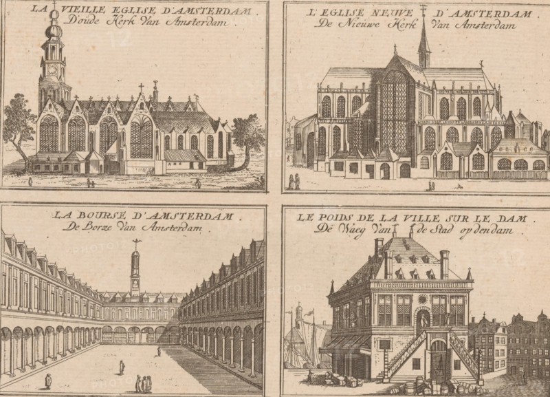 Four views of Amsterdam of the Old Church, the New Church, the Stock Exchange of Hendrick de Keyser and the Weigh House on the Dam, La Vieille Eglise d'Amsterdam, D'oude Kerk van Amsterdam, Le Poids de la ville sur le Dam, De Waeg van de Stad op den Dam, L'Eglise Neuve d'Amsterdam, De Nieuwe Kerk van Amsterdam, La Bourse d'Amsterdam, De Borze van Amsterdam, print, c. 1670 - c. 1720, printmaker, paper, etching, height 160 mm x width 216 mm, church (exterior), weigh-house, city-view, and landscape with man-made constructions (city(-scape) with figures, staffage), stock exchange, stock-market, Amsterdam, Nieuwe Kerk (Amsterdam), Oude Kerk (Amsterdam), Beurs van Hendrik de Keyser, Waag op de Dam, A sepia-toned engraving divided into four panels showing architectural views: the top left panel depicts a long church with pointed arched windows, a multi-tiered tower at one end, small attached structures, trees at the sides, and tiny human figures near the base; the top right panel shows a larg...