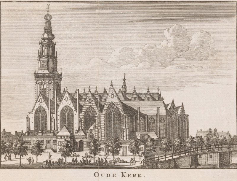 Oude Kerk, View of the Oude Kerk in Amsterdam from the Oudezijds Voorburgwal, print, book illustration, Series number, 143, Numbered top right: 143., printmaker, publisher, paper, etching, height 148 mm x width 184 mm, A detailed ink drawing of a large Gothic church with tall pointed windows, ornate tracery, steep gabled roofs, and a prominent multi-tiered tower topped with a bulbous dome and decorative finial; the church facade shows buttresses, arched doorways, and patterned roof tiles, while smaller adjacent buildings and trees line the foreground; numerous small figures are depicted walking or gathered near the entrance and along a riverside path with a wooden bridge and a small boathouse visible at the water’s edge; the sky is filled with horizontal line shading and a cluster of softly outlined clouds.