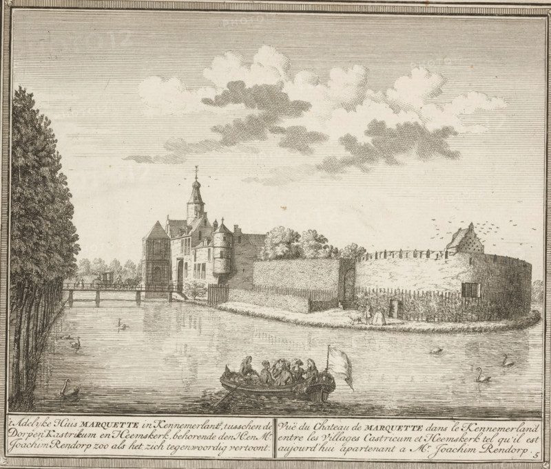 View of Marquette Castle in Heemskerk, The Noble House of Marquette in Kennemerland, between the Villages of Kastrikum and Heemskerk, belonging to Mr. and Mr. Joachim Rendorp, View of the Marquette Castle in Kennemerland, Views in Kennemerland, The triumphant Kennemerland, displayed in 100 glorious views, print, Series number, 5, 100, Numbered lower right: 5., printmaker: Hendrik de Leth, Amsterdam, publisher: Jan Roman (II), c. 1735 - 1742, paper, etching, height 174 mm x width 204 mm, A detailed etching shows a riverside scene with a boat of people in the foreground, a flag at the stern, and an oarsman rowing, while swans and rippling water appear nearby; along the left bank tall trees line the water and a bridge spans to a large building complex with towers and a spire topped by a weather vane, adjacent to trimmed hedges and fenced gardens; on the right a raised earthen wall with a small ruined structure and scattered birds sits behind a pathway where two figures walk, and above the...
