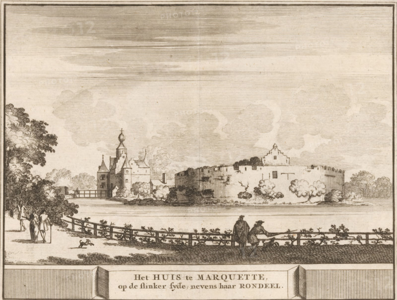 The House at Marquette on the left side, next to its rondel, View of Marquette Castle in Heemskerk, Castles, country estates and houses in the Netherlands, print, book illustration, Print marked lower right: D., printmaker: Jacobus Schijnvoet, Amsterdam, after drawing by Roelant Roghman (possibly), publisher: Pieter de Coup (possibly), 1711, paper, etching, height 141 mm x width 184 mm, Print first used in: Smids, Ludolph. Schatkamer der Nederlandse oudheden, of Woordenboek, 1711. Subsequently appeared in reissues of this work in 1737 and 1774. In 1721, an edition appeared containing only the prints: Nederlandsche oudheden, bestaan in zestige verbeeldingen, gelegen in Holland, 't Sticht van Utrecht en Gelderland enz. Amsterdam: Hendrik Bosch, 1721., landscape with tower or castle, castle, Heemskerk, Kasteel Marquette, A wide ink landscape shows a riverside scene with a long fence in the foreground and two clothed figures leaning on it while another small group walks along the path near...