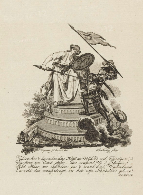 Allegory of Dutch Freedom, print, Allegory in which Dutch Freedom defends itself against Tyranny (the Domineering Head). With four-line verse., printmaker: Theodoor Koning, Northern Netherlands, after drawing by Pieter Wagenaar (II), writer (clerical worker): Johannes Christiaan Hespe, 1783, writer (clerical worker), paper, etching, engraving, height 222 mm x width 145 mm, Used as an illustration in the magazine: De politieke kruyer. Amsterdam: Jan Verlem, published in 10 parts, 1783-1787., Freedom, Liberty, 'Libertà' (Ripa) (abstract concept represented by female figure), Patriot Era (1780-1795), Period, A monochrome engraving shows a robed female figure standing on a stepped circular pedestal, holding a spear and a round shield, facing a suit of armor-clad soldier who rises on the pedestal with a raised lance and a flowing banner; the soldier wears a helmet with a plume and segmented armor, and smoke or cloud forms curl around his feet while vegetation and rolled up scrolls lie near ...