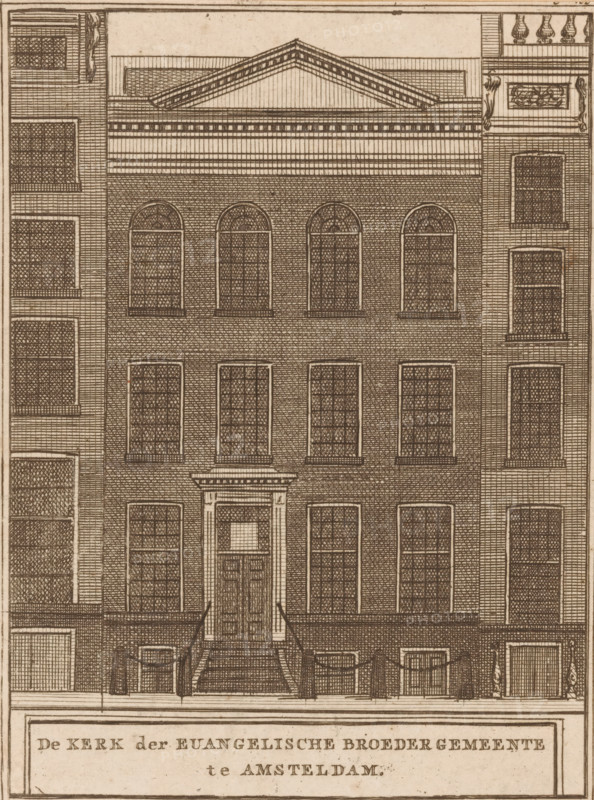 The church of the Evangelical Brotherhood Congregation in Amsterdam, View of the church of the Evangelical Brotherhood Congregation in Amsterdam, print, printmaker: Johan Christoffel Schultsz, publisher: Jan Augustijn Swalm, Amsterdam, 1799, paper, etching, height 165 mm x width 122 mm, View of the building Herengracht 248, which served as the church of the Moravians from 1798, 99 to 1806. Facade after the conversion into a church. Print published in: De Nederlandsche Mercurius, May 1799., church (exterior), A detailed architectural drawing of a multi-story brick building facade with a central entrance approached by a short flight of steps and flanked by low railings, tall rectangular windows on the ground and upper floors, and arched windows on the topmost visible floor; the facade features a triangular pediment and layered cornices at the roofline, decorative pilasters and patterned brickwork across the surface, neighboring building facades visible at the sides with similarly pattern...