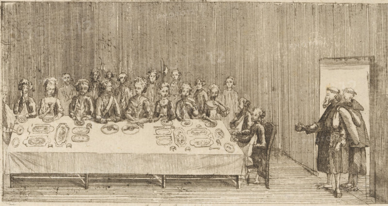 Monks begging at a banquet, Diné Canonial, Brabant Revolution, 1787-1790, cartoon, print, Caricature depicting a group of elegant men and women seated at a banquet; two begging monks with a begging bowl stand in the doorway. With the date March 23, 1788 in handwriting. Part of a large group of prints relating to the events of the Brabant Revolution and the period 1787-1790., inscription: 'V. Rijn 5037-26', Southern Netherlands, 1778 - 1790, printmaker, paper, etching, engraving, height 88 mm x width 159 mm, A long rectangular table covered with a cloth fills the foreground, set with plates, platters, and eating utensils. Seated and standing along one side of the table are a group of people in period clothing with powdered wigs and formal coats and dresses, their hands resting on the table or clasped, with varied facial expressions and hairstyles. Behind them more figures stand, some holding long staffs or utensils. At the far right, two men stand in a doorway; one faces the table holdi...
