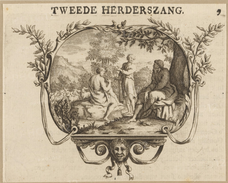 Second Shepherd's Song, Vignette with a singing competition between Astakus, Idas and Krotale, print, vignette, Numbered top left: 9., Netherlands, publisher: Johan Arnold Langerak, Leiden, 1732, Johan Arnold Langerak, printmaker, publisher, paper, etching, engraving, letterpress printing, etching and engraving with text in letterpress, height 94 mm x width 123 mm, Vignette from: Kempher, Gerard. Shepherd songs. Titus Calpurnius and M. Aur. Olympius Nemesianus. Leiden: Johan Arnold Langerak, p. 9., herding, herdsman, herdswoman, shepherd, shepherdess, cowherd, illustration, printed matter, book, competition, art contest, An ornate oval frame with leafy scrollwork surrounds a landscape scene showing three clothed figures positioned on rocky ground beneath a tree, one seated on a rock with a bare back visible, another standing and gesturing, and a third seated with a cloak and contemplative posture; sheep graze near vegetation in the midground and distant hills form the background, while...