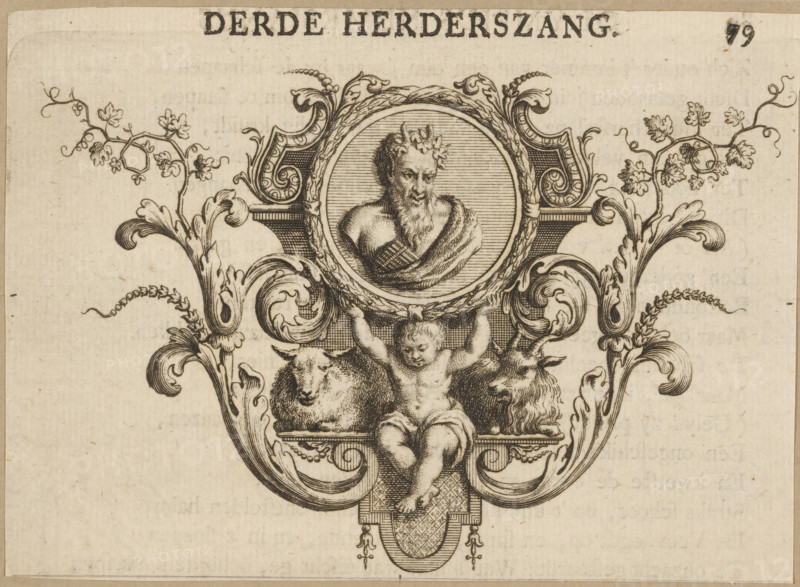 Vignette with a medallion depicting Pan held up by a putto, Third Pastoral Song, print, vignette, Numbered top left: 79., Netherlands, publisher: Johan Arnold Langerak, Leiden, 1732, printmaker, paper, etching, letterpress printing, etching with text in letterpress, height 92 mm x width 132 mm, Vignette from: Kempher, p. 79., illustration, printed matter, book, herd, flock, (story of) Pan, A detailed engraved ornamental design shows a central circular medallion containing a bearded male bust with a laurel crown and draped cloth, surrounded by an ornate frame with acanthus and scroll motifs; below the medallion a cherubic child sits with arms raised, seated between the heads of a ram and a horned goat, all supported on a decorative plinth with patterned surface and hanging bead details; symmetrical leafy scrollwork and vine-like branches with small leaves and flowers extend outward from the central composition against a textured paper background.