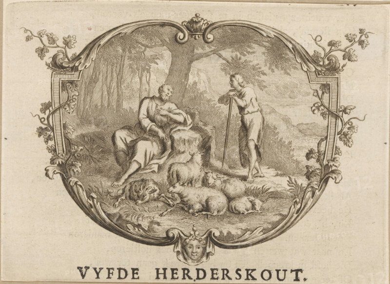 Fifth Shepherd Song, Vignette with the two shepherds Mikon and Kantus, print, vignette, Netherlands, publisher: Johan Arnold Langerak, Leiden, 1732, printmaker, paper, etching, letterpress printing, etching with text in letterpress, height 99 mm x width 135 mm, Vignette from: Kempher, p. 39., herding, herdsman, herdswoman, shepherd, shepherdess, cowherd, illustration, printed matter, book, A detailed oval engraving shows a pastoral scene framed by ornate scrolling foliage and carved architectural elements, with a crowned decorative crest at the top and a face motif at the bottom center of the frame. Inside the oval, a seated man in simple draped clothing rests against a rock under a large leafy tree, one hand touching his chest. Nearby a standing figure leans on a long staff, facing the seated man. Several sheep lie and graze on the ground in the foreground, and additional animals rest near the seated figure. The background features distant hills, clustered trees, and a textured sky cr...