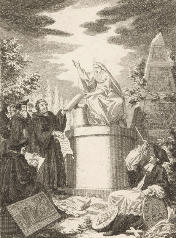 Allegory of the Augsburg Confession, print, Netherlands, 1600 - 1750, printmaker, paper, etching, height 177 mm x width 132 mm, 'Confessio Augustana', 'Augsburger Konfession', Augsburg Confession of Faith, A detailed monochrome engraving shows a robed female figure seated on a raised circular platform, one arm extended upward and the other resting on an open book placed on the platform; she wears flowing drapery and a radiant emblem on her chest. Around the platform stand a group of men in scholarly or clerical attire, some holding papers and scrolls, one holding a long scroll up toward the seated figure, and another seated on the ground writing in a book. To the right a man in a cap leans back and looks upward while another kneels nearby holding a staff. In the background an obelisk rises amid foliage and a cloudy sky, and trees frame the left side. Scattered on the ground are open books, loose sheets, and a round shield-like object with decorative markings, while a rosary and a small...
