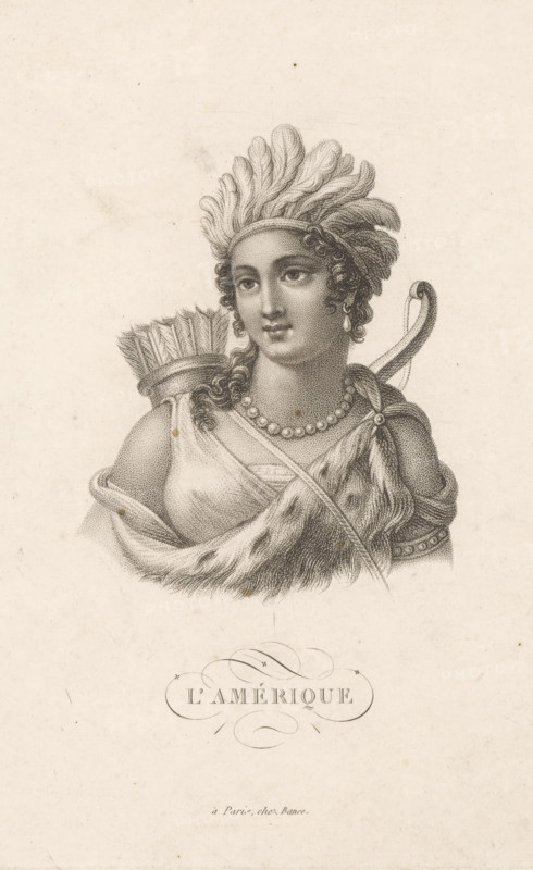 Amérique, Personification of America, print, France, publisher: Jacques-Louis Bance, Paris, 1771 - 1847, printmaker, paper, stippelwerk, etching, height 185 mm x width 132 mm, Possibly part of a series with personifications of the continents., America represented allegorically, 'America' (Ripa), indigenous peoples of North America, A detailed engraved bust of a person wearing a feathered headdress and a beaded necklace, with curly hair and a single earring, dressed in draped garments and a fur-like shoulder covering, a quiver of arrows visible behind one shoulder and a bow partially visible at the other, all rendered in fine stippled and line shading on a light background.