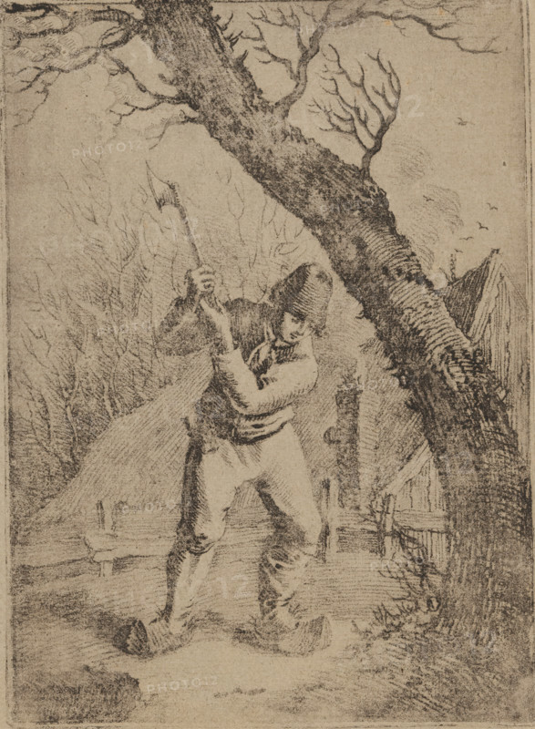 Woodcutter, print, inscription: 'Barbiers & Serné', printmaker: Adrianus Serné, Netherlands, printmaker: Pieter Bartholomeusz. Barbiers, 1783 - 1853, paper, soft-ground etching, aquatint, soft-ground varnish and aquatint on brown paper, height 160 mm x width 111 mm, woodcutting, forestry, A monochrome sketch shows a figure wearing a conical hat and simple clothing standing beside a large, textured tree trunk that leans across the scene; the person grips a long handled tool raised overhead and appears to be in a striking posture, with both arms bent and legs braced, while a smaller tree or sapling stands nearby and faint outlines of additional bare branches and foliage fill the background, with rough ground, a low fence element, and a suggestion of a distant structure partially visible behind the trees.