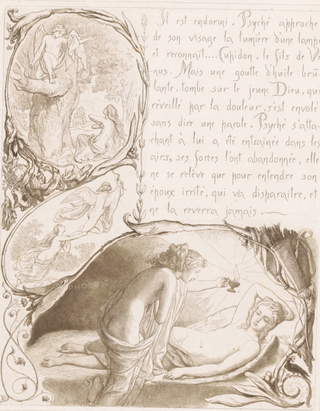 Amor en Psyche, L'Amour et Psyché, print, printmaker: Lorens Frølich, printer (person): Beillet et Forestier, Paris, publisher: Pierre-Jules Hetzel, 1862, Lorens Frølich, Beillet et Forestier, Pierre-Jules Hetzel, printmaker, printer (person), publisher, paper, etching, height 347 mm x width 261 mm, Probably part of a twenty-part series of prints accompanying Apuleius' story of Amor and Psyche., story of Cupid and Psyche (Apuleius, 'Metamorphoses' (Golden Ass) IV 28 - VI 25), A sepia-toned engraving showing a reclining figure lying on a bed with closed eyes and an arm raised behind the head, while a second figure kneels beside them holding a small lamp toward the reclining figure; surrounding them are ornate curling botanical borders and oval vignettes that contain additional nude figures in varied poses, some with wings, set against backgrounds of trees and clouds, and decorative floral and scroll elements frame the central scene.