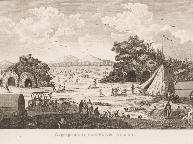 Military camp at Pampoen-Kraal, Original inhabitants of Durbanville, print, book illustration, Numbered upper right: ID Pl. III., watermark, Netherlands, publisher: Jan Honkoop, Leiden, publisher: Abraham Honkoop (II), publisher: Johannes Allart, Amsterdam, 1791 - 1798, printmaker, paper, etching, height 193 mm x width 266 mm, Print used for: Le Vaillant, François. Journey into the interior of Africa, along the Cape of Good Hope in the years MDCCLXXX to MDCCLXXXV undertaken by Mr. Le Vaillant. Leiden: Jan Honkoop and Abraham (II) Honkoop, 1791-1798, vol. 1, p. 174 (verso)., Africans, Western Cape, Durbanville, An expansive sepia-toned engraving shows a flat open landscape with scattered groups of people engaged in various activities, some standing, some walking, and some tending animals. Near the foreground there are wheeled wagons and a wooden framed cart, and a large canvas tent with a tall pole and a flag. To one side a cluster of woven dome-shaped huts sits beneath trees, and a den...