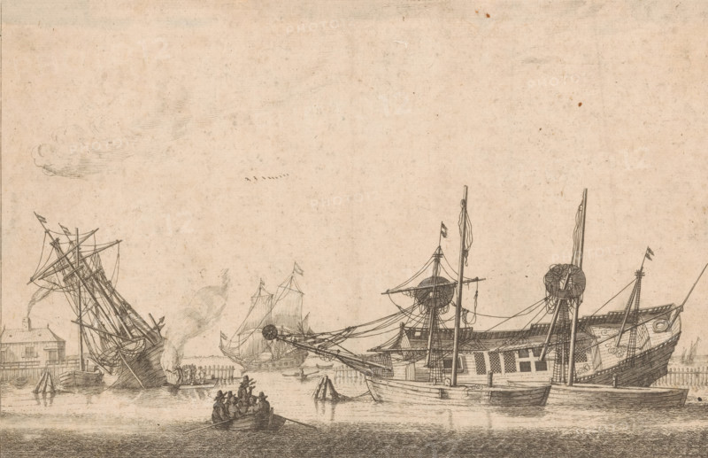 Two keeled sailing ships, print, Mirror image copy. A shipyard with two underlays keeling a large sailing ship, a keeled ship with men working on waterproofing the hull, and a rowboat with several people in it. Outside the breakwater, several more sailing ships on the water., collector's mark: 'friedr. Geissler a Paris', printmaker, after print by, publisher, grantor of privilege, Paris, France, paper, etching, height 199 mm x width 300 mm, ships (in general) - CC - more than one ship, sinking (movement in water), A wide waterfront scene rendered in fine line work shows several large sailing ships moored along a quay, their tall masts, rigging, and crow’s nests detailed against a pale sky; one ship on the left tilts toward the dock with smoke rising nearby, while another on the right displays a high stern with carved decoration and rigging lines stretching across the composition. Small boats with groups of people row in the foreground, their figures shaded with cross-hatching, and a pa...